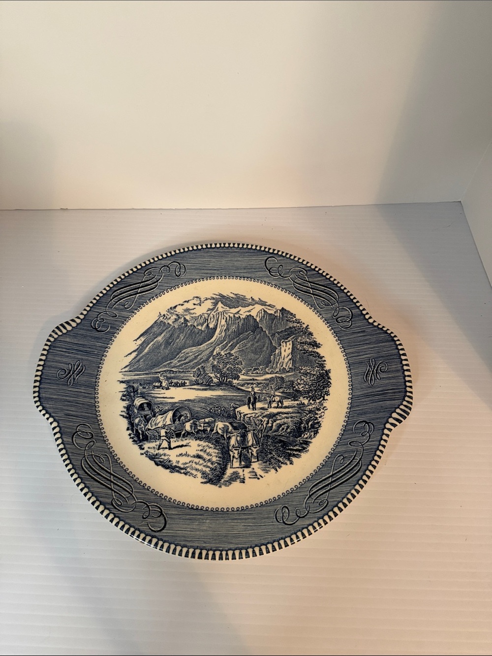 Currier & Ives Blue & White Scenic Ceramic Serving Platter The Rocky Mountains